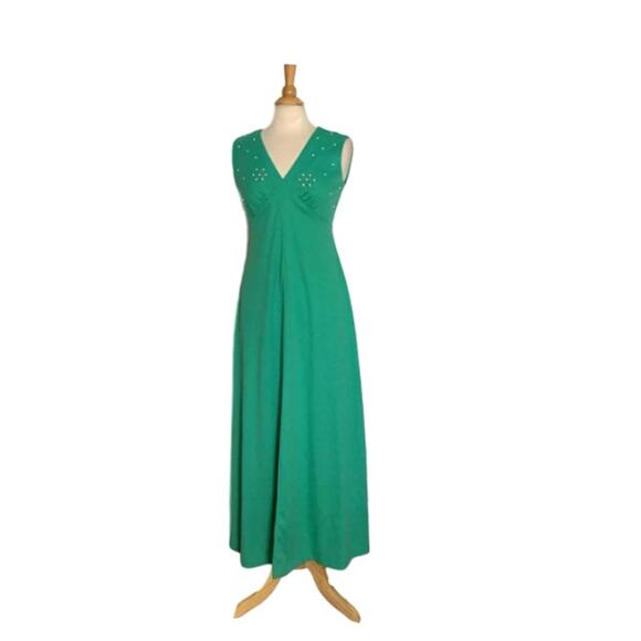 Vintage MINT Green Embellished Dress - 1960s Sleeveless Sea Green Formal Gown - Picture 2 of 8